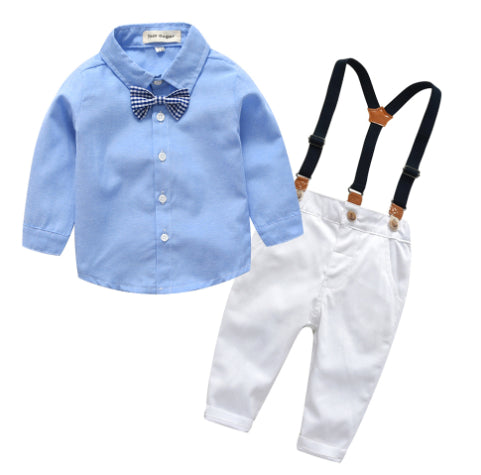 Baby Boy Gentleman Outfit Set with Bow Tie Shirt & Suspender Pants (2-Piece)