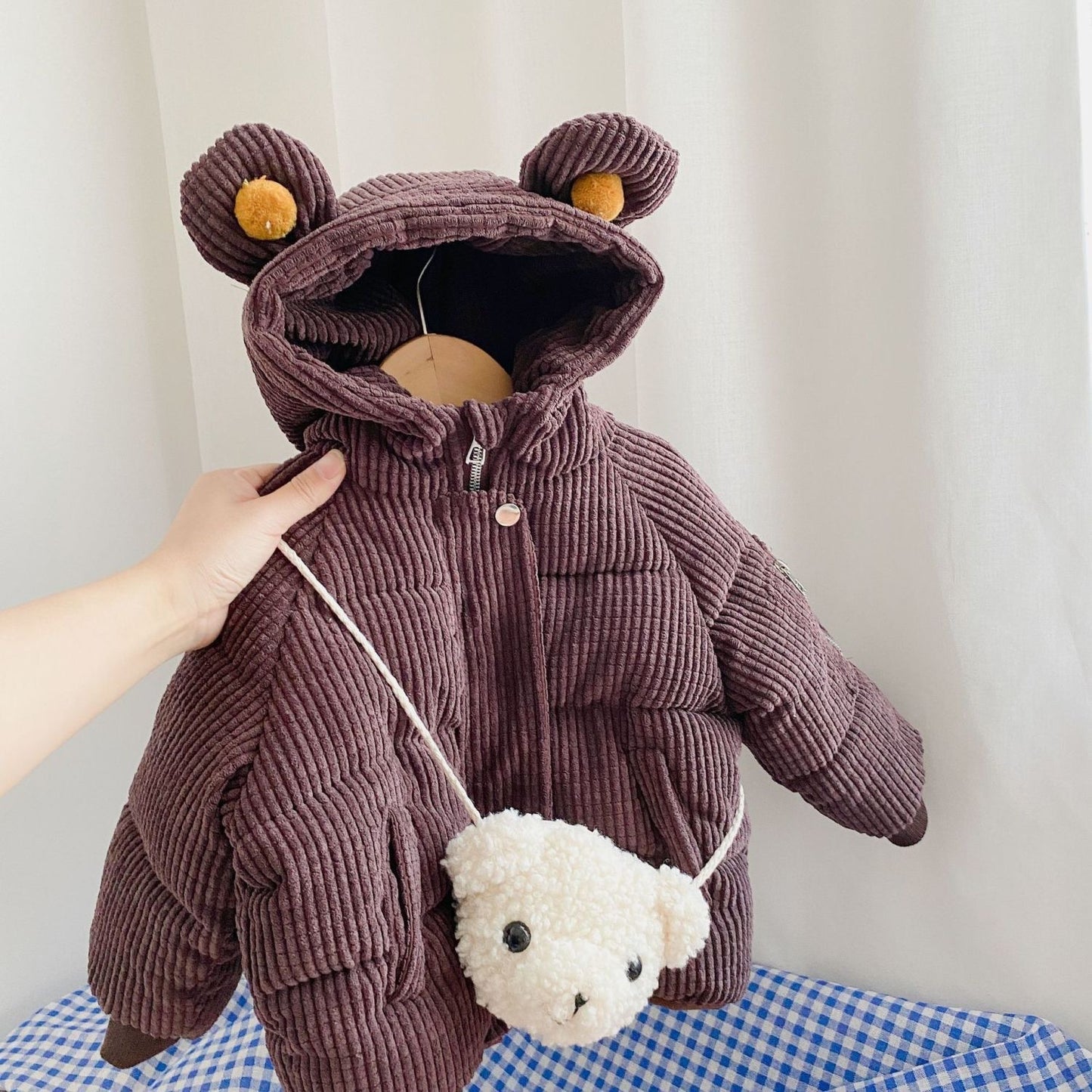 Bear-Ear Hooded Toddler Jacket with Mini Bag β Cozy Corduroy Winter Coat