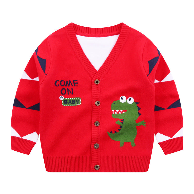 Boys Dinosaur Knit Cardigan Sweater (1–6 Years) – Button-Front V-Neck Cotton Blend