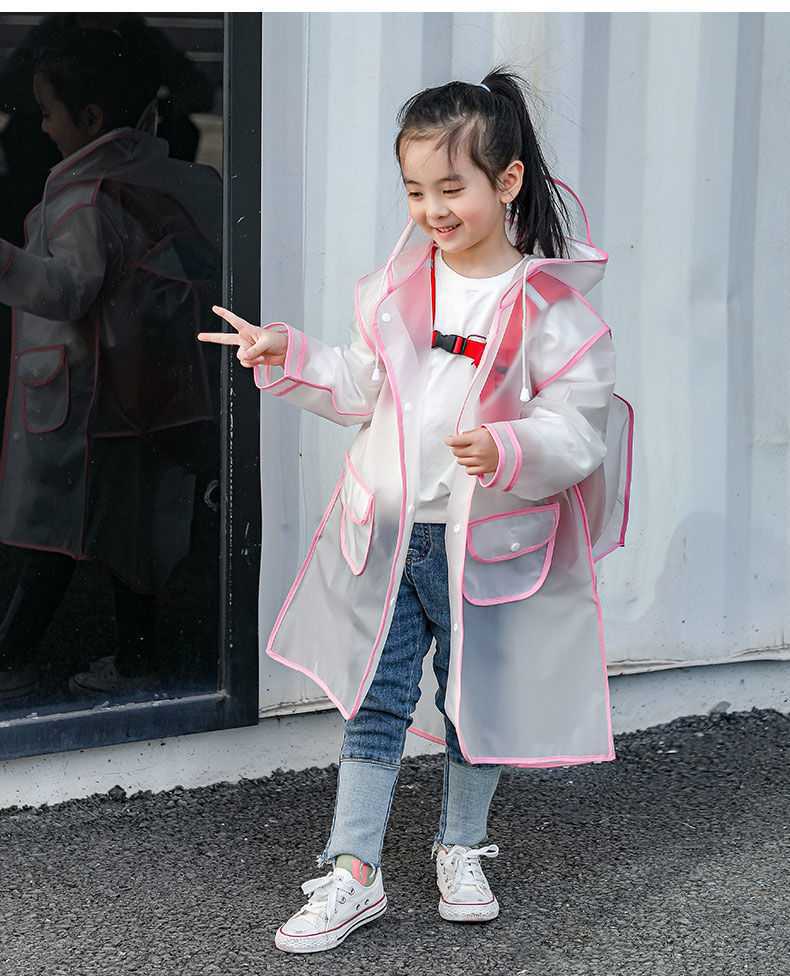Transparent Kids' Raincoat with Built-In Backpack Cover – School Rain Jacket with Colored Trim