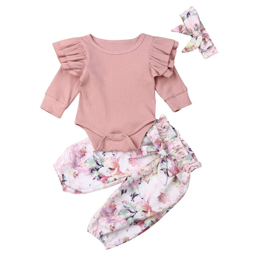 Baby Girl Ribbed Ruffle-Sleeve Romper & Floral Pants Set with Headband
