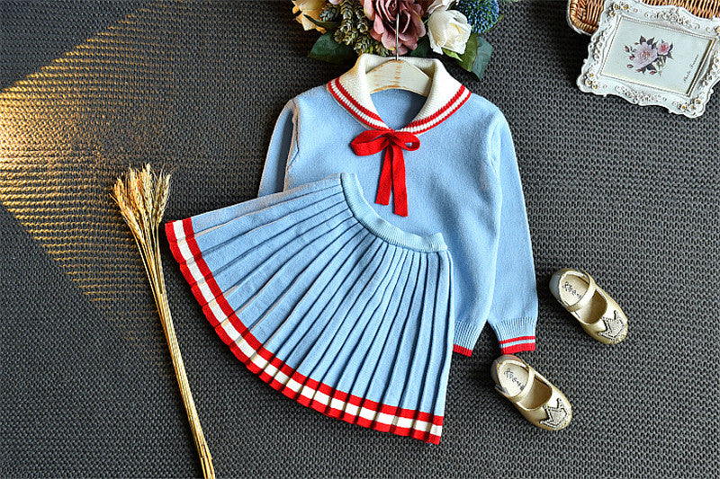 Girls' Sailor-Collar Knit Sweater & Pleated Skirt Set — Sky Blue with Red Stripe Trim