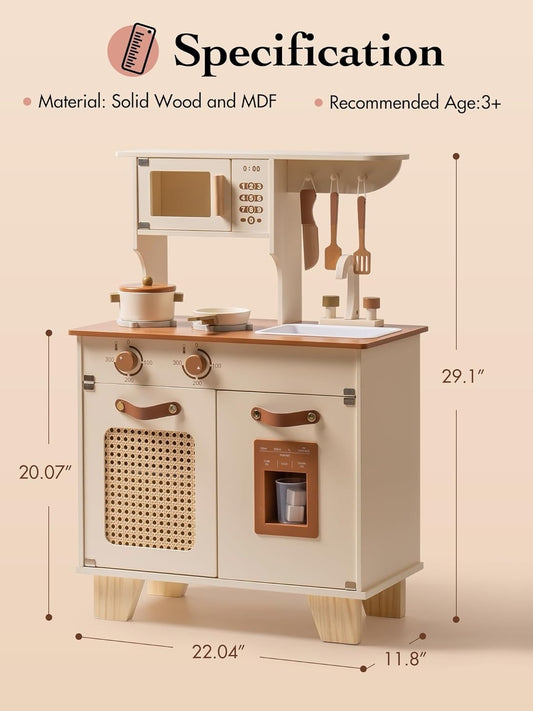 ROBOTIME Wooden Toddler Play Kitchen with Pretend Ice Cube Dispenser, Ages 3+