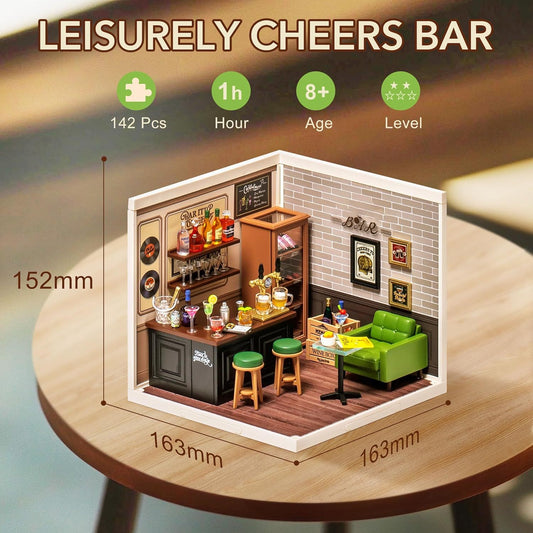 ROBOTIME DIY Miniature Bar House Kit – LED Dollhouse Model Craft Set (DW012)