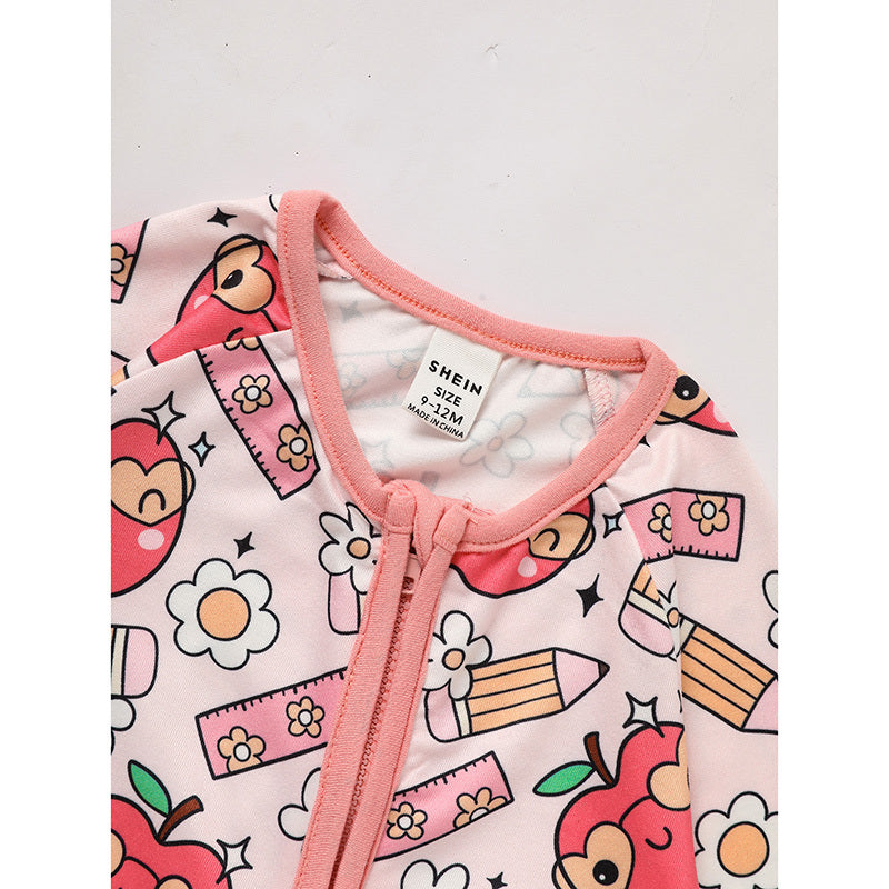 Infant Back-to-School Romper β Apple & Pencil Print Long Sleeve Jumpsuit