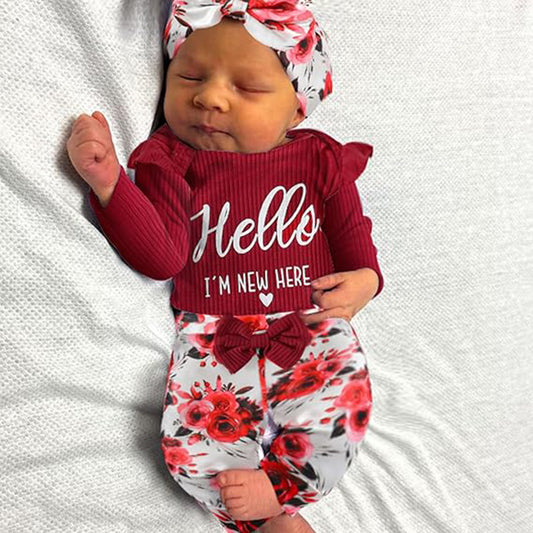 Newborn Baby Girl Outfit – “Hello I’m New Here” Romper Set with Floral Pants, Hat & Headband