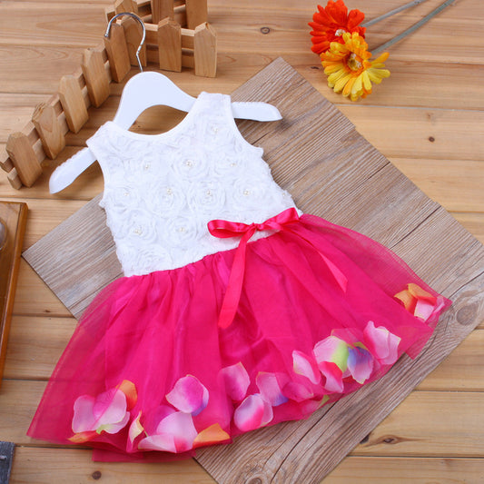 Baby Girl's 3D Rose Bodice Tutu Dress with Petal Hem | Pearl & Bow Sleeveless Party Dress
