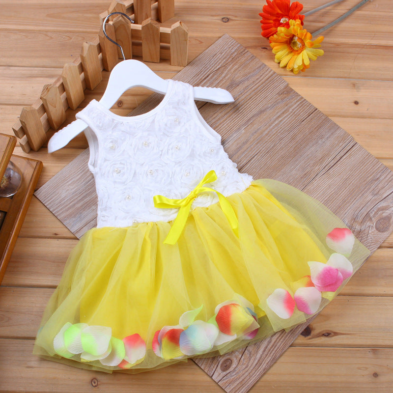 Baby Girl's 3D Rose Bodice Tutu Dress with Petal Hem | Pearl & Bow Sleeveless Party Dress