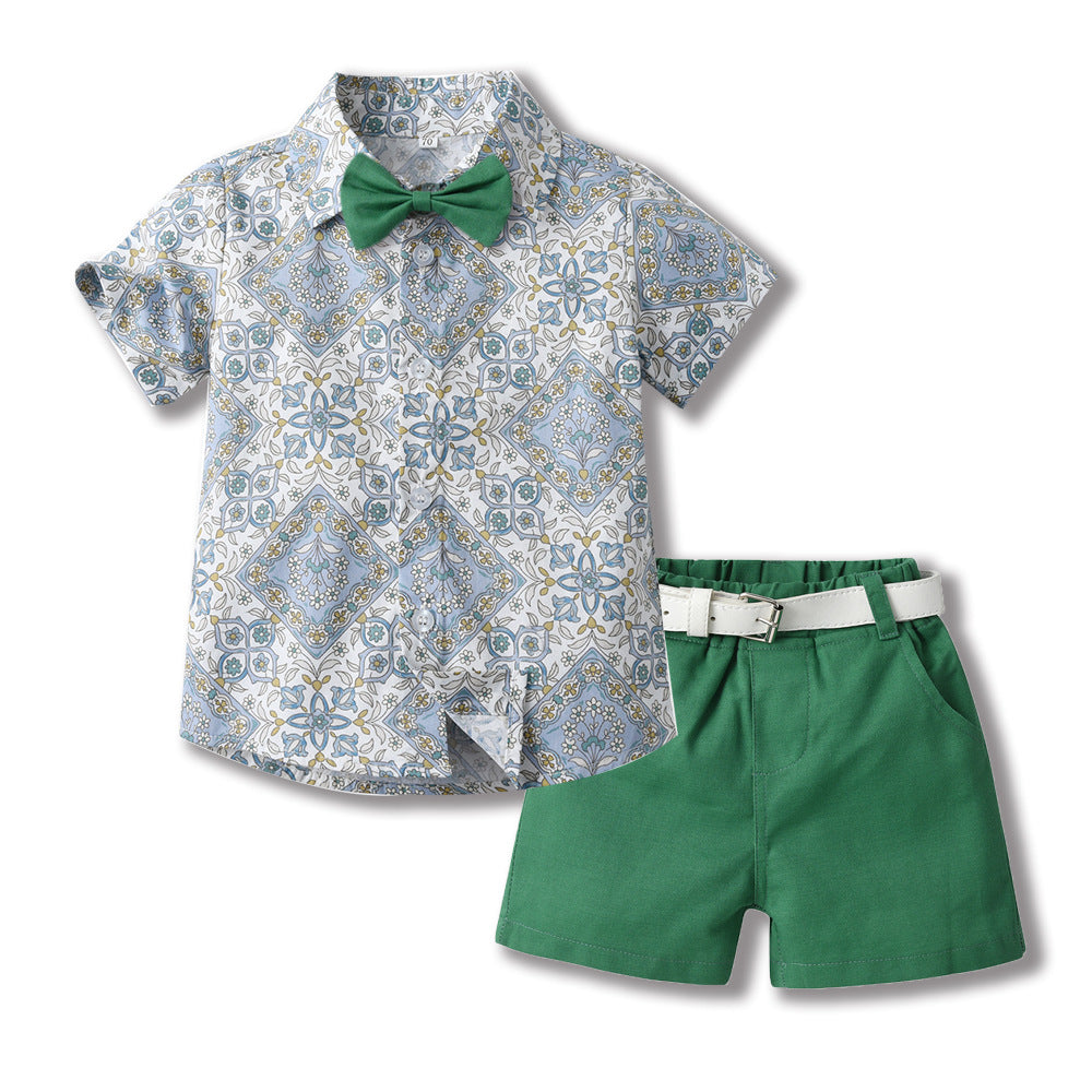 Toddler & Little Boys' Floral Button-Down Shirt & Shorts Set with Bow Tie and Belt – Sizes 3 Months–6 Years