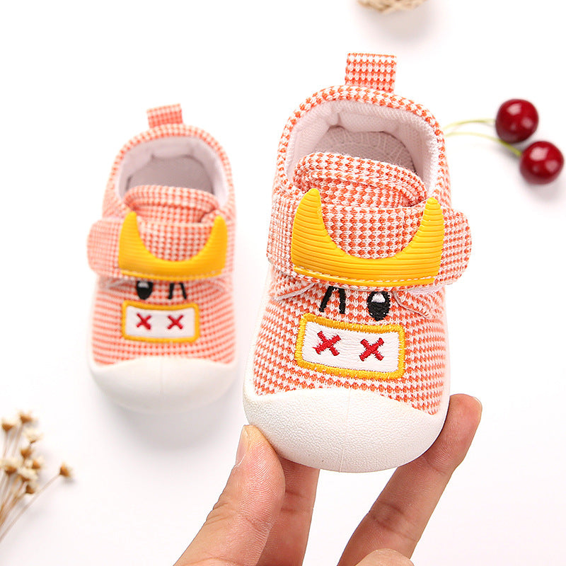 Houndstooth Plaid Pre-Walker Baby Sneakers with 3D Monster Face | Soft Sole in Black, Beige & Pink