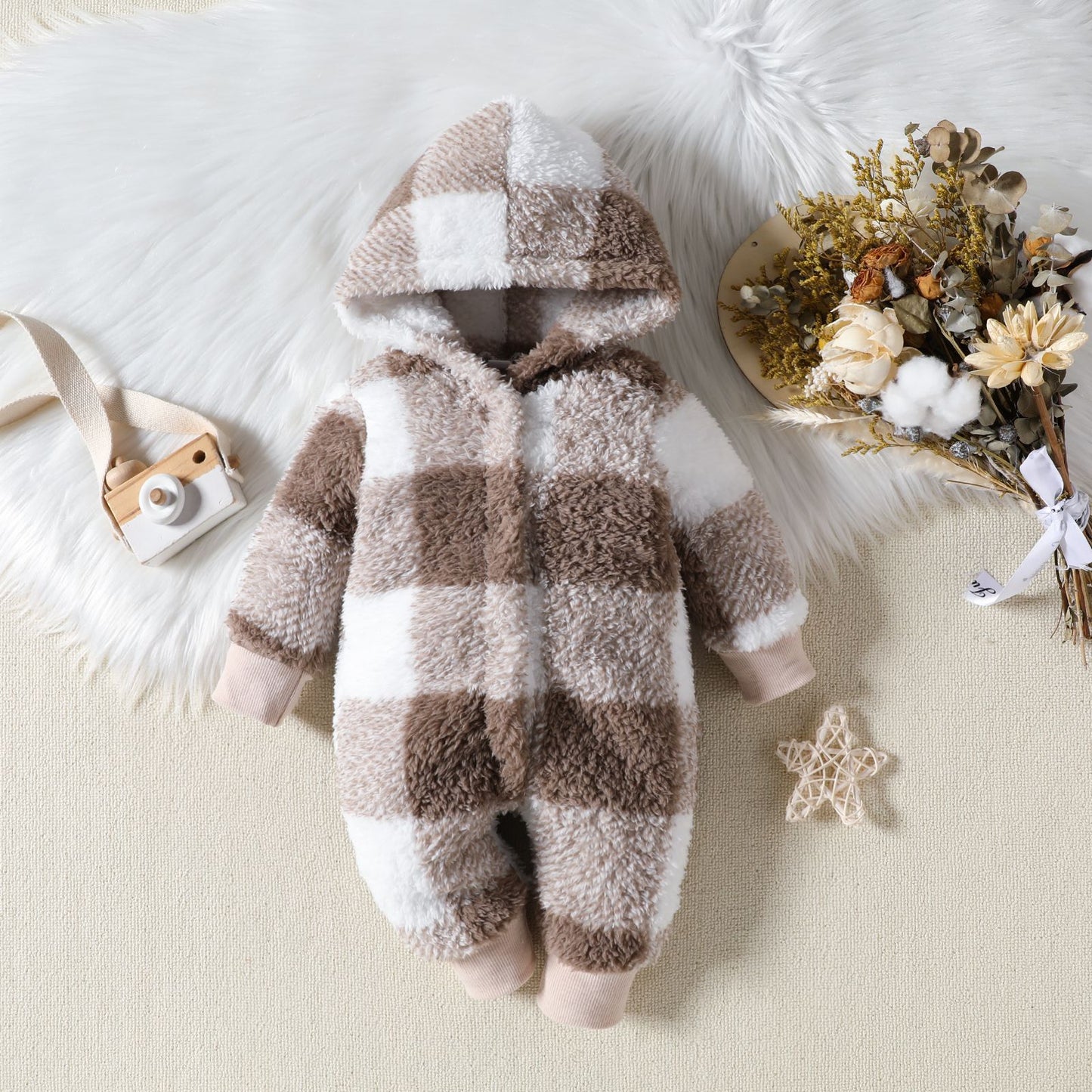 Baby Hooded Plush Plaid Jumpsuit (Thick & Cozy) β Black or Khaki