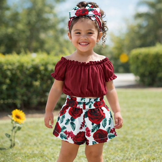 3-Piece Baby Outfit Set – Soft Short-Sleeve Top, Floral Shorts & Matching Headband