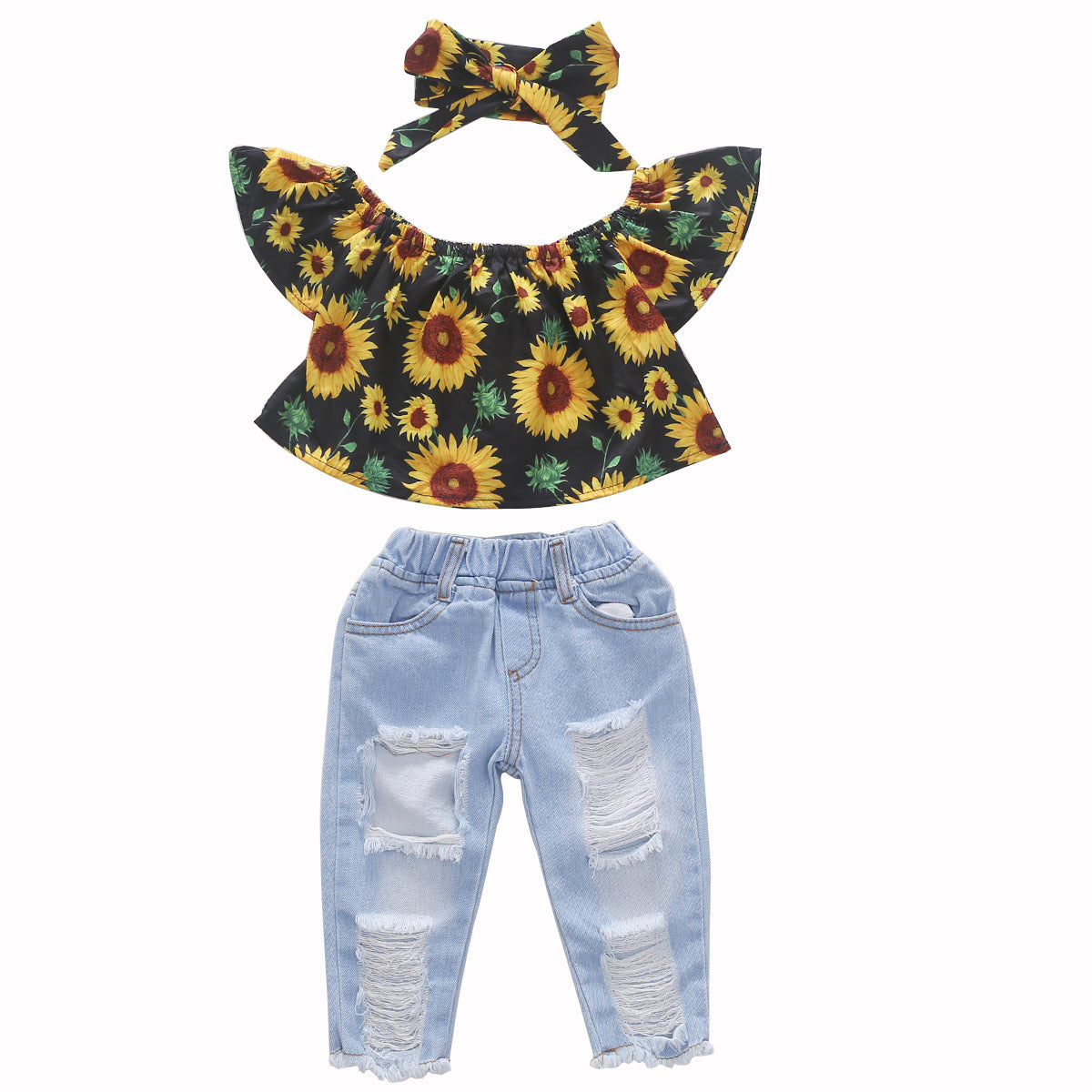 Sunflower 3-Piece Outfit Set for Girls (Top + Ripped Jeans + Bow Headband)