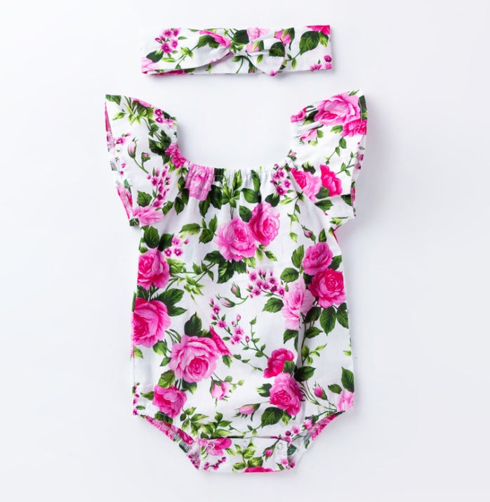 Floral Flutter Sleeve Baby Romper with Headband