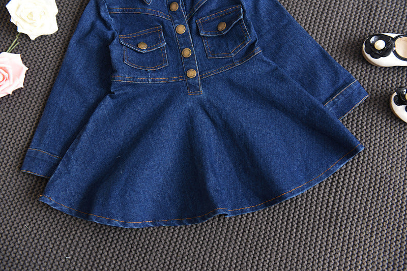 Girls' Button-Front Denim A-Line Dress β Long Sleeve with Chest Pockets, Sizes 2β8