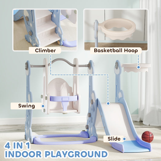 4-in-1 Toddler Slide & Swing Set with Climber and Basketball Hoop – Light Blue, Ages 1.5-4