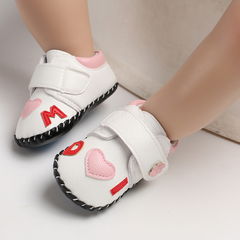 "I Love You" Heart & Letter Leather Baby Shoes β Soft Sole Velcro Sneakers for Baby Girls