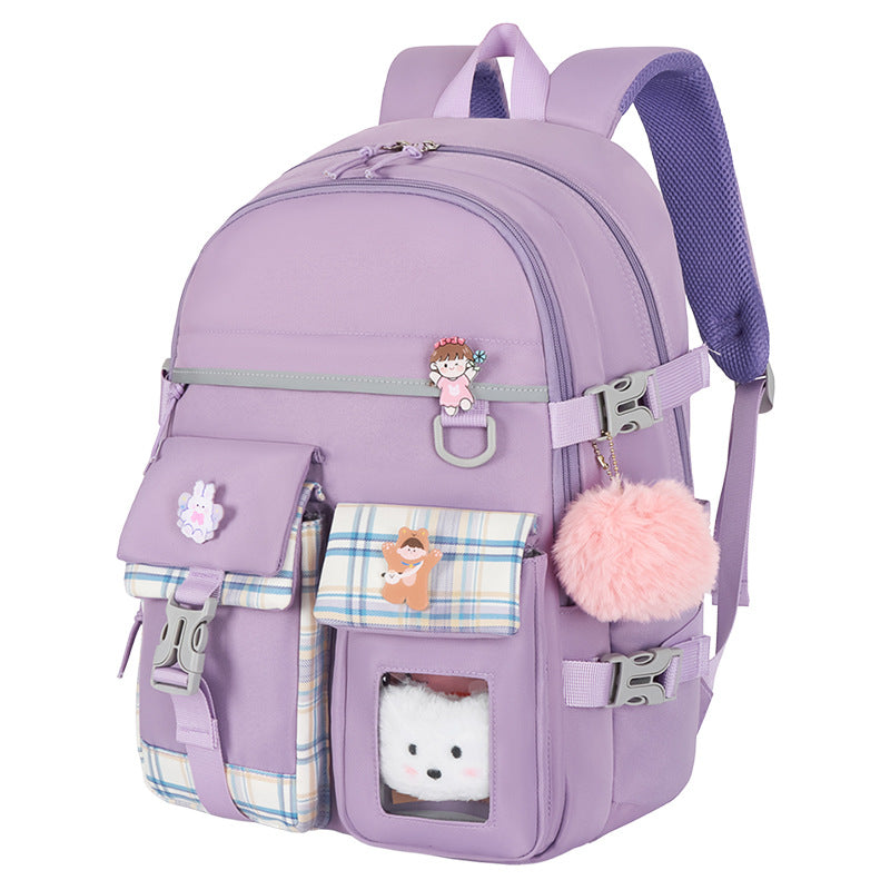 Cute Lightweight Kids School Backpack with Pockets + Pom-Pom Charm (Nylon)