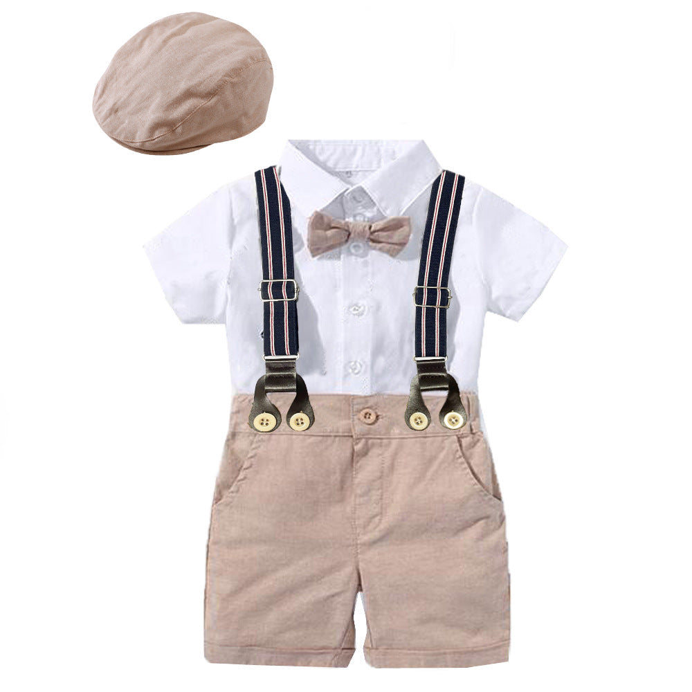 Baby Boy Sailboat Print Shirt Bodysuit & Suspender Shorts Gentleman Set with Newsboy Hat – Sizes Newborn–24 Months