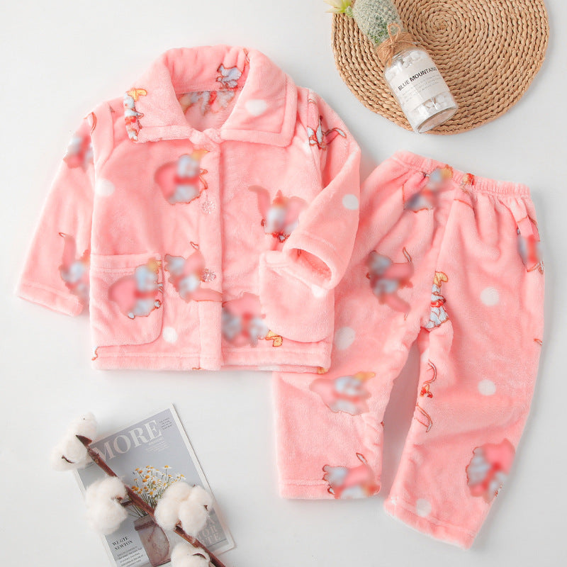 Kids' Plush Flannel Pajama Set – Warm Button-Front Top & Pants with Cartoon Prints for Toddlers & Big Kids (1–10 Years)