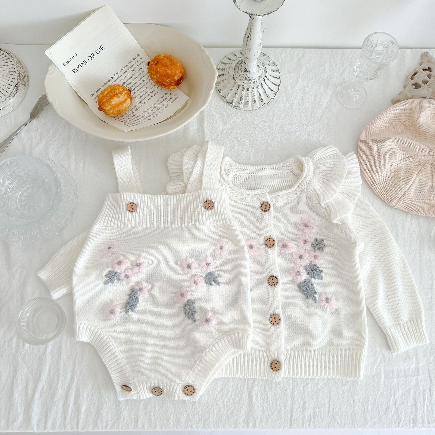 Baby Floral Embroidered Knit Romper & Cardigan Set – Cozy Autumn Outfit