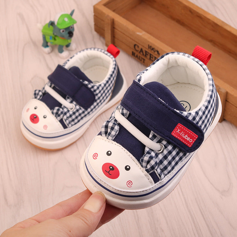Plaid Canvas Baby Sneakers with Bear Face Toe Cap | Soft-Sole Pre-Walker in Blue, Red & Navy