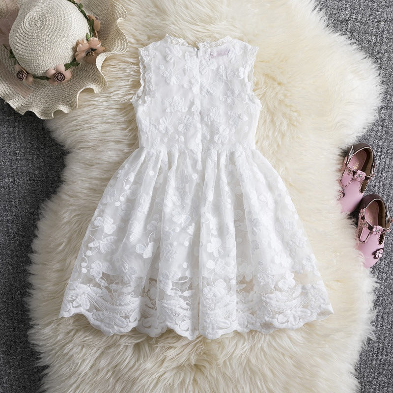 Girls' Sleeveless Lace Overlay Dress | Floral Scallop-Hem Party Dress in White or Red