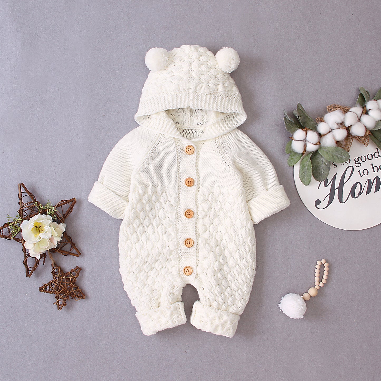 Baby Hooded Knitted Bear Romper – Cozy Button-Front Jumpsuit for Newborns & Toddlers