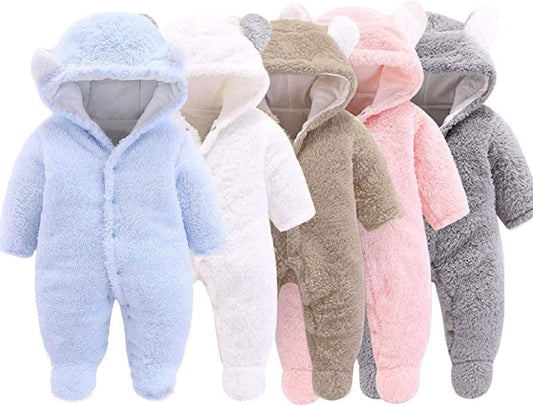 Baby Teddy Fleece Hooded Snowsuit (Footed) – Cozy Bear Ear Jumpsuit for Winter
