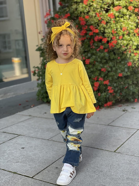 Sunflower Outfit Set – Ruffle Top + Distressed Jeans + Headband (3-Piece)