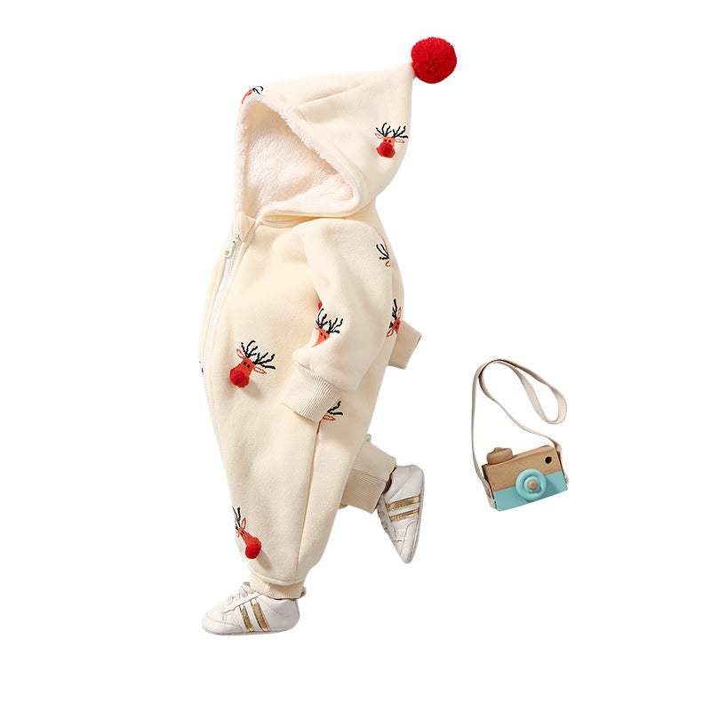 Cozy Reindeer Hooded Baby Snowsuit – Plush Zip-Up Winter One-Piece for Babies