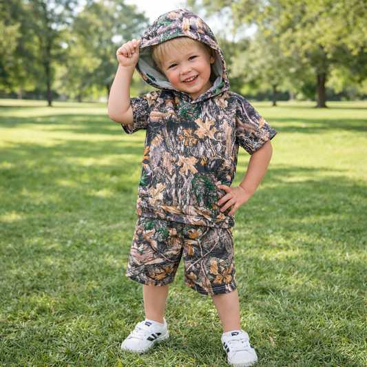 Toddler Baby Boy Camo 2-Piece Outfit – Short Sleeve Hoodie & Pocket Shorts