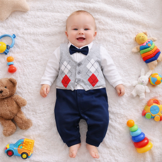 Baby Boy Dressy Romper Onesie (Long Sleeve) – Korean-Style “Little Gentleman” Outfit