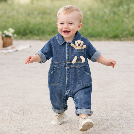Baby Denim Jumpsuit with Teddy Bear – High-Quality Cotton Romper for Infants
