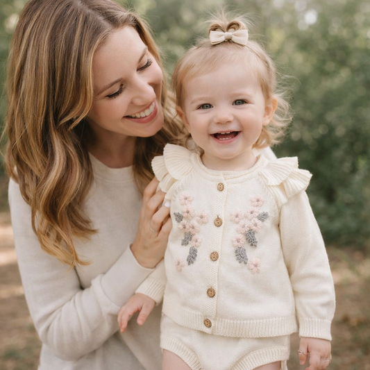 Baby Floral Embroidered Knit Romper & Cardigan Set – Cozy Autumn Outfit