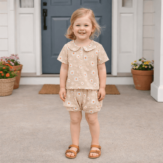Baby Girl Daisy Print Muslin Two-Piece Set – Peter Pan Collar Top & Bloomer Shorts (6 Months–3 Years)