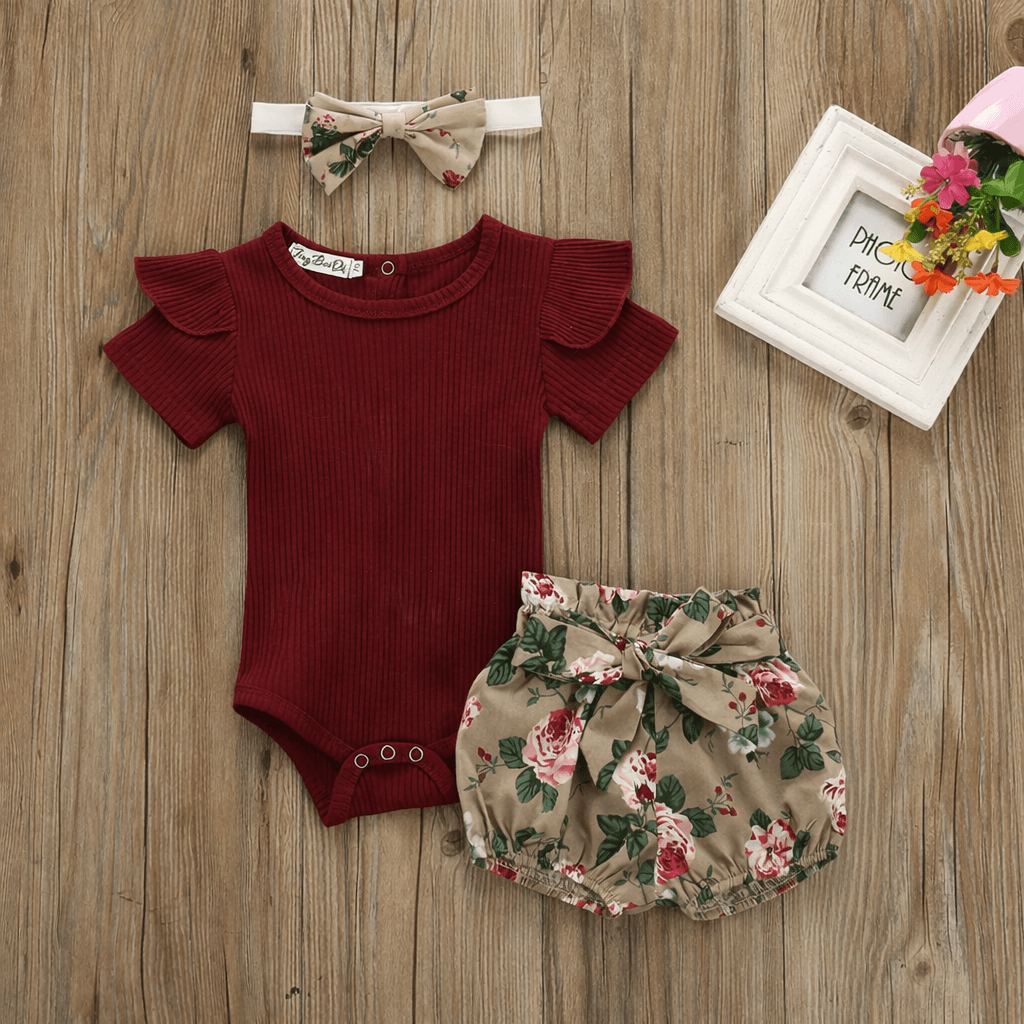 Baby Girl Ribbed Flutter-Sleeve Romper & Floral Bloomer Shorts Set with Headband