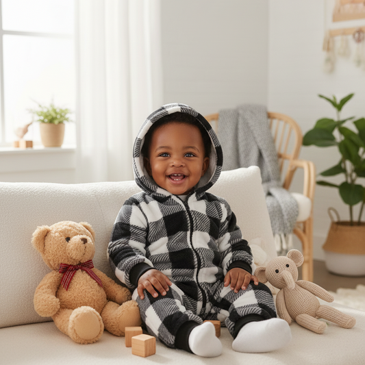 Baby Hooded Plush Plaid Jumpsuit (Thick & Cozy) – Black or Khaki