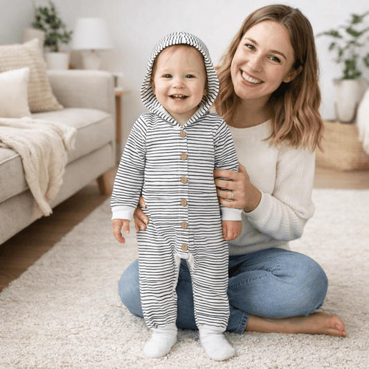 Baby Striped Hooded Romper with Button-Front & Long Sleeves