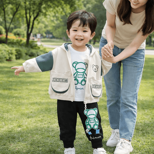 Toddler Boy's Bear Print 3-Piece Hooded Zip Jacket, Tee & Jogger Set | Color-Block Tracksuit with Bear Ear Hood