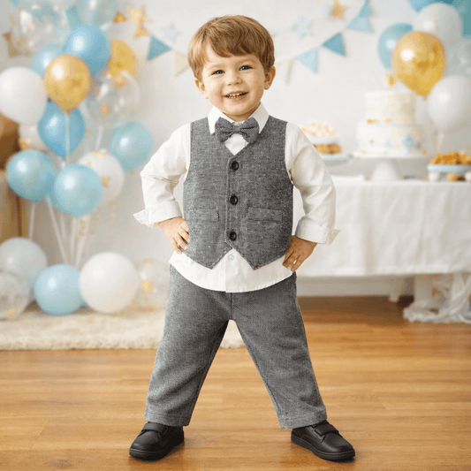 Boys' Long-Sleeve Shirt, Textured Waistcoat & Trouser Set | 3-Piece Bow Tie Suit in Stripe, Plaid & Solid