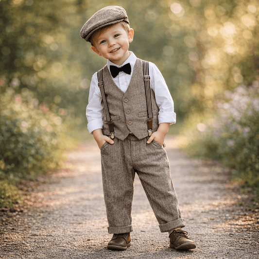 Toddler Boys' Herringbone Vest, Long Sleeve Shirt & Suspender Trousers Gentleman Set with Newsboy Cap – Sizes 18 Months–4 Years