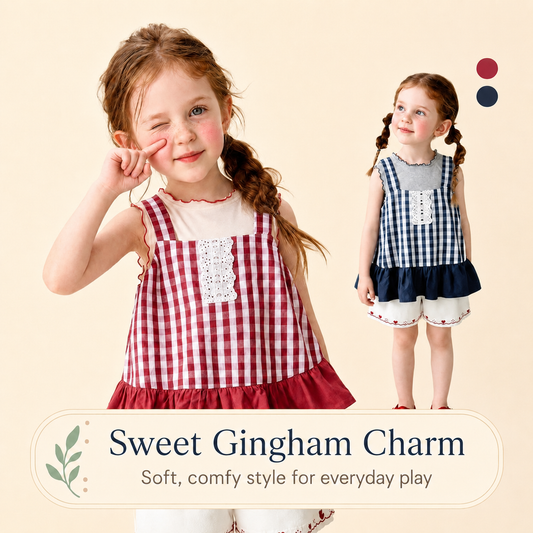 Gingham Lace-Panel Cami & Ruffle Tee Set for Girls