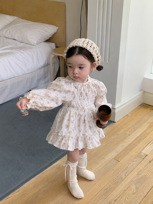 Vintage Floral Pleated Baby Dress Romper with Ruffle Hem