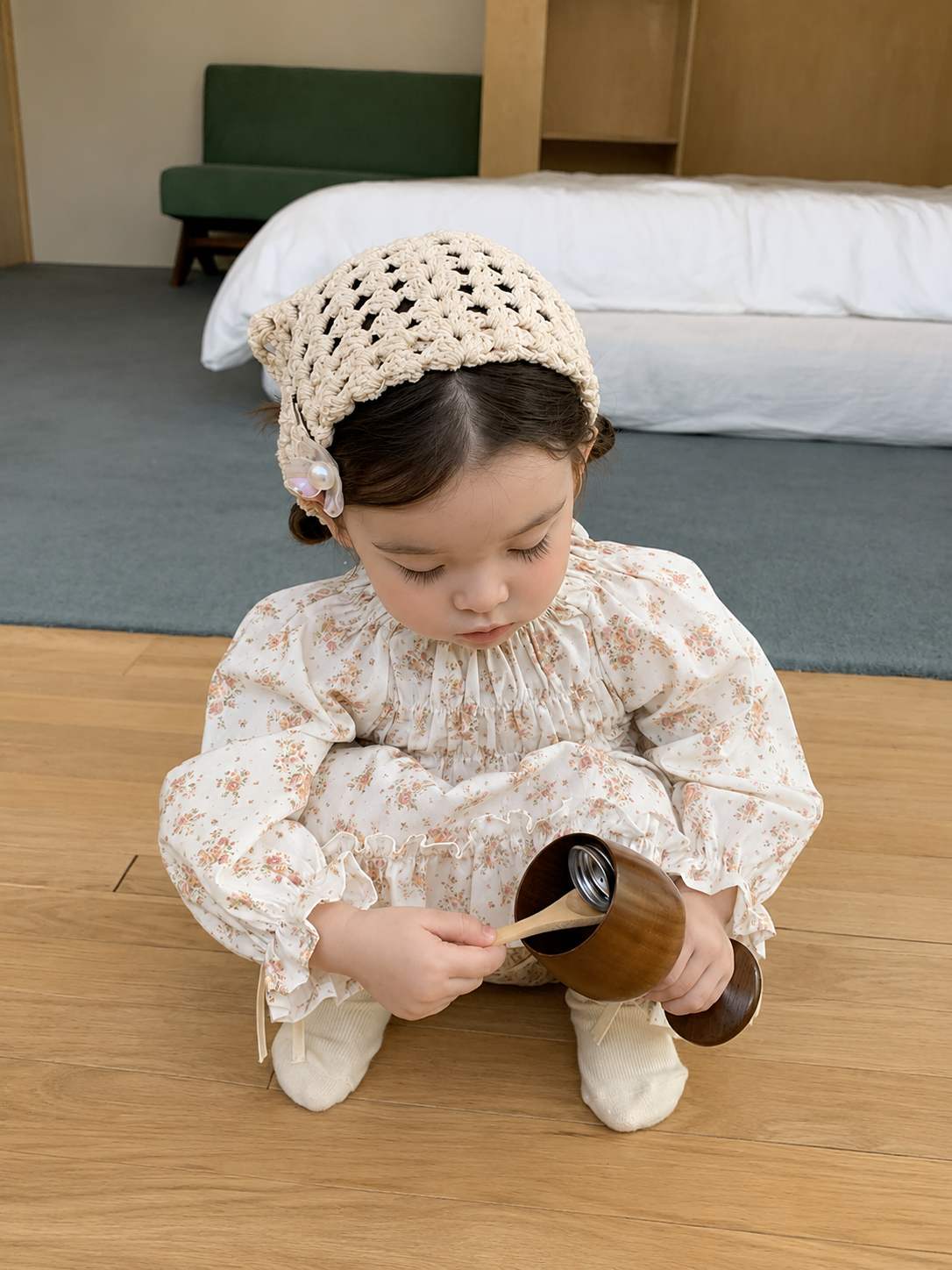 Vintage Floral Pleated Baby Dress Romper with Ruffle Hem