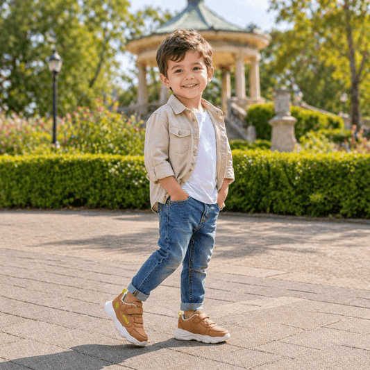 Chunky-Sole PU Leather Kids Sneakers with Velcro Strap | Casual Athletic Shoes in Caramel, Pink & Blue