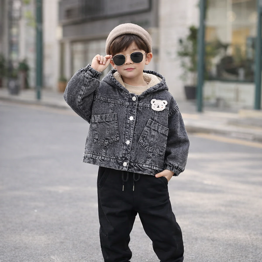 Baby & Toddler Denim Hooded Jacket with Fleece Lining – Cozy Bear Design (Spring–Fall)