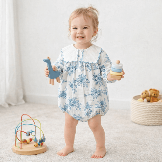 Blue & White Toile Floral Romper with Scallop Collar – Baby Girl