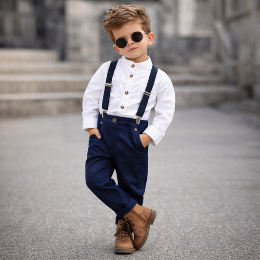 Little Gentleman Suspender Suit Set for Boys – Classic Shirt & Pants Outfit for Special Occasions