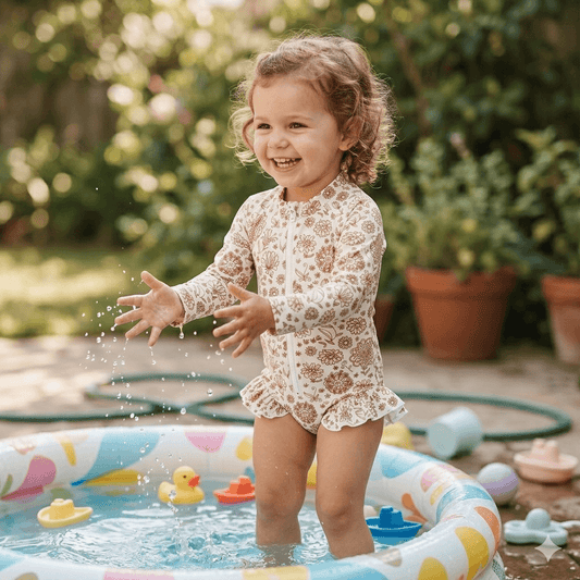 Baby & Toddler Girl Botanical Line-Art Rash Guard Swimsuit – Long Sleeve Ruffle Hem, Sizes 6 Months–3 Years